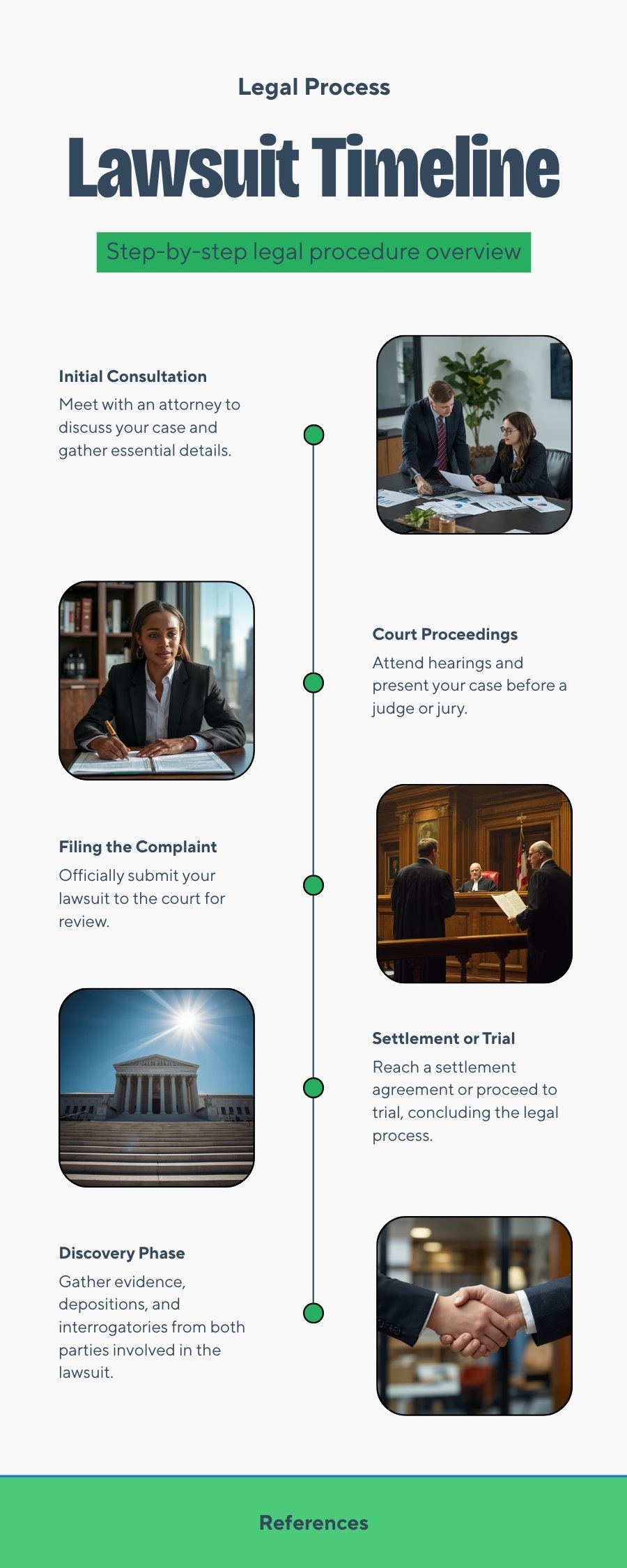 Depo-Provera lawsuit filing steps infographic showing six step process from free consultation to compensation for meningioma victims of injectable birth control